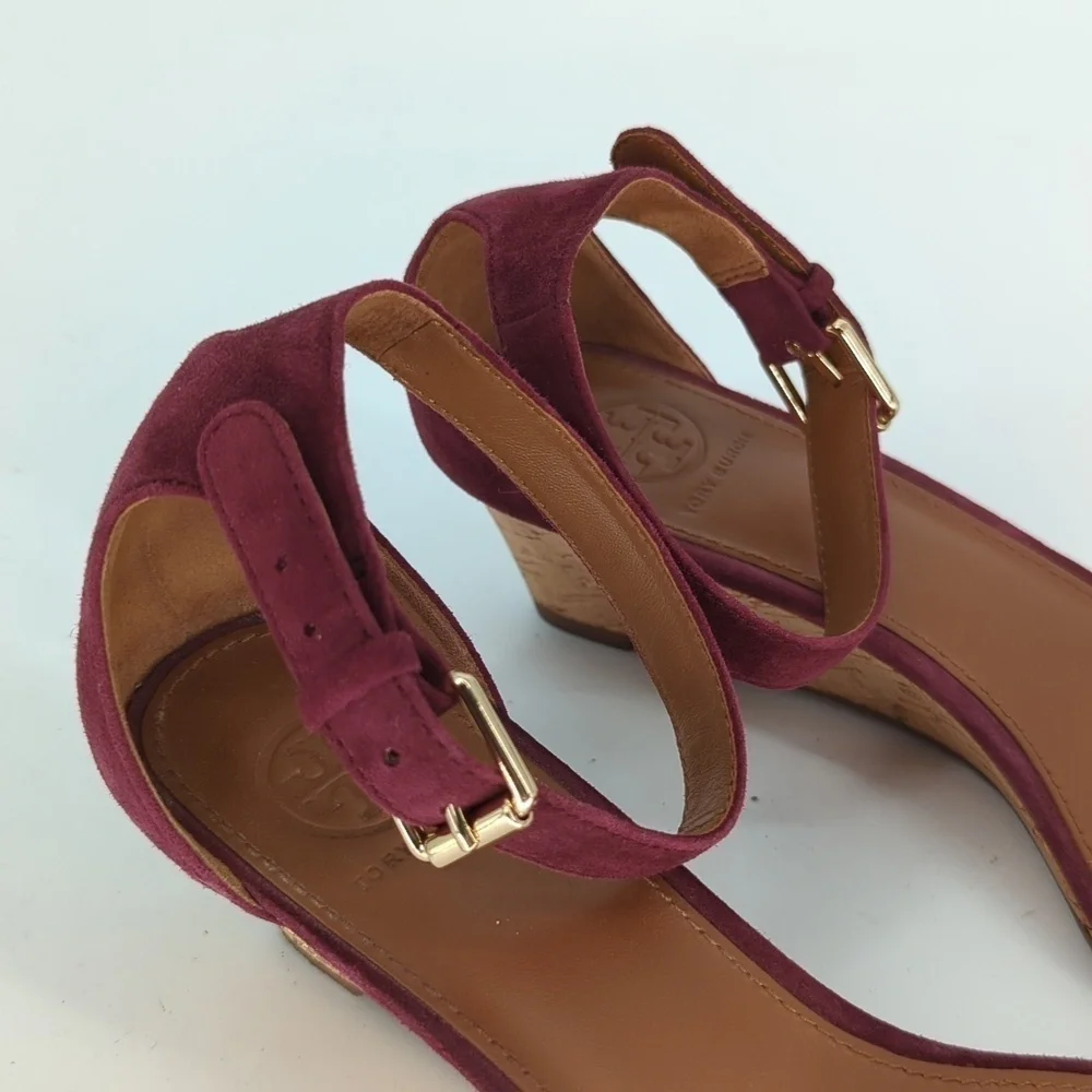 Tory Burch Savannah Suede Cork Wedge Purple 8.5 open toe summer preppy casual